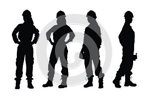 Female bricklayer wearing uniforms silhouette bundle. Girl construction worker silhouette collection. Mason women with anonymous