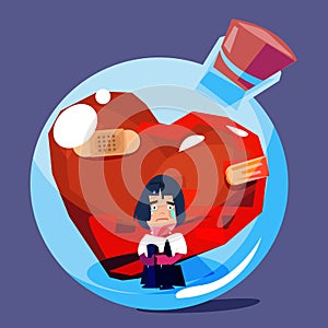 Female with broken and old heart in glass bottle. sad emotional concept - vector