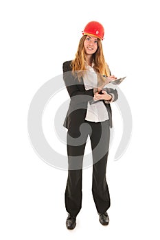 Female builder with helmet