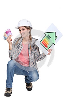 Female builder holding cash