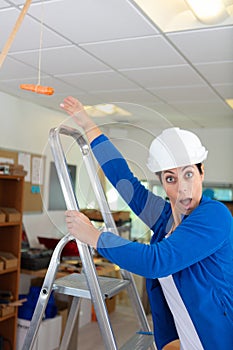 female builder surprised by hanging carrot