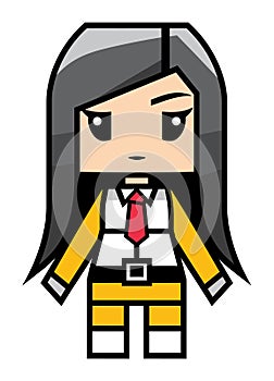 Female business character in suit with tie. Cartoon businesswoman with serious expression standing. Professional woman