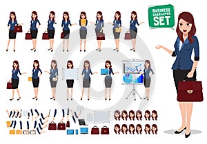 Female business character vector set. Office woman talking and holding bag