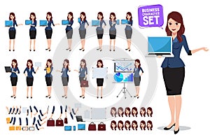 Female business character vector set. Office woman talking and holding laptop screen