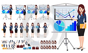 Female business character vector set. Office woman talking and showing business presentation