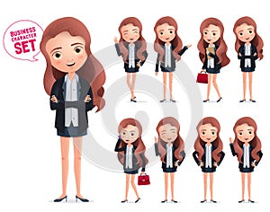 Female business characters vector set. Business woman character standing and happy wearing office attire.