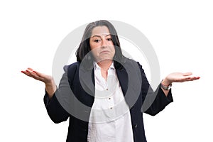 Female business consultant making confused gesture using hands