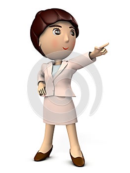 A female business person who points to a goal. She is confident in her success. She is very motivated and lively.