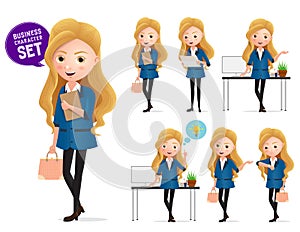 Female business vector characters set. Businesswoman character holding paper works and thinking ideas.