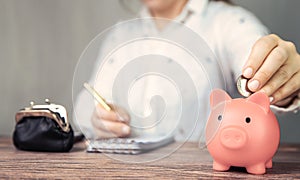 Female business woman doing administration, counting and saving money with pink piggy bank, business, savings,tax