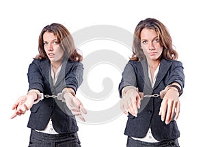 The female businesswoman with handcuffs on white