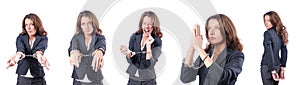 The female businesswoman with handcuffs on white