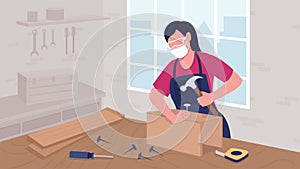 Female cabinetmaker driving nails with hammer flat color animated illustration