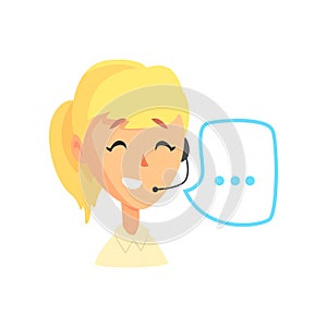 Female call center agent and speech bubble, online customer support service assistant with headphones, cartoon vector