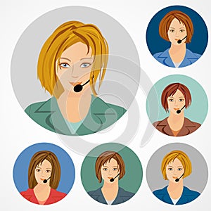 Female call center operator icon set - woman avatar collection. Customer support, client services, phone assistance, webinar