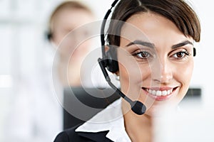 Female call center service operator at work