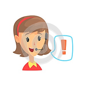 Female call center worker and speech bubble with attention sign, online customer support service assistant with