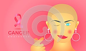 Female with cancer indoors show her strong love hand sign. ribbon and text for care all people.  illustration eps10