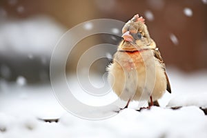 female cardinal fluffed up in snow