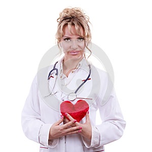 Female cardiologist with red heart.