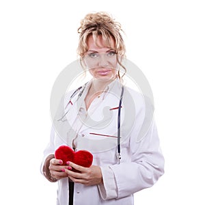 Female cardiologist with red heart.