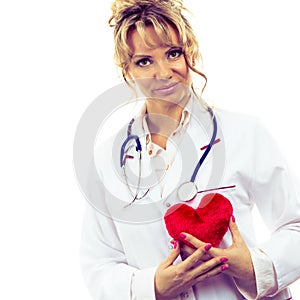 Female cardiologist with red heart.