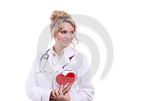 Female cardiologist with red heart.