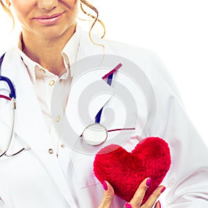 Female cardiologist with red heart.