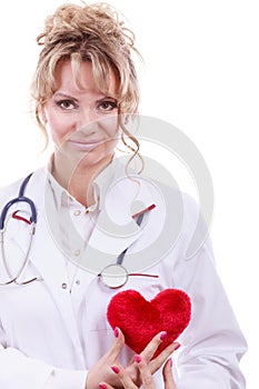 Female cardiologist with red heart.