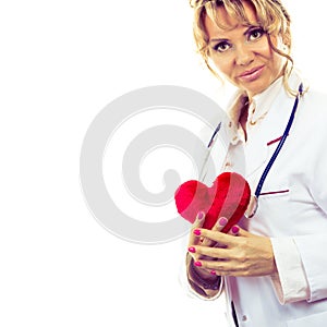 Female cardiologist with red heart.