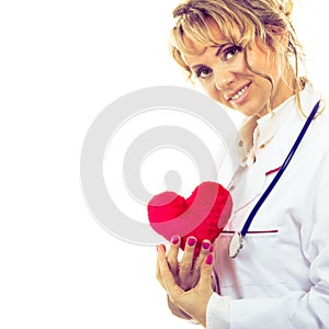 Female cardiologist with red heart.