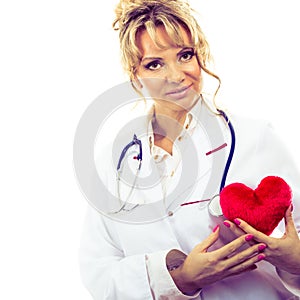 Female cardiologist with red heart.