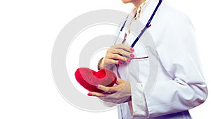 Female cardiologist with red heart.