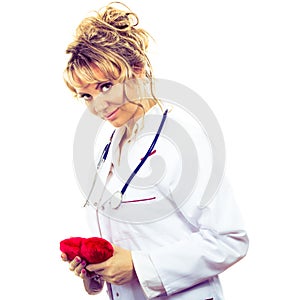 Female cardiologist with red heart.