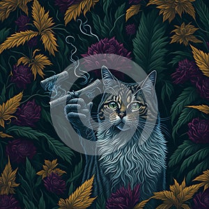 female cat smoking joint on a floral pattern