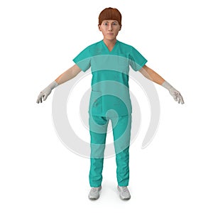 Female Caucasian doctor wearing a green uniform. Isolated. Full length Portrait. 3D illustration