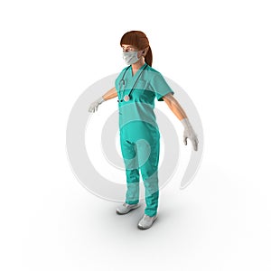 Female Caucasian doctor wearing a green uniform. Isolated. Full length Portrait. 3D illustration