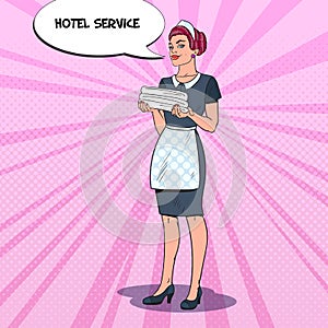 Female Chambermaid with Clean Towels. Hotel Maid Service. Pop Art illustration