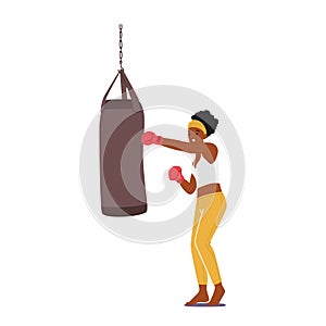 Female Character in Boxing Gloves Hitting Punching Bag Training Hit for Self Defense Practice or Prepare to Combat