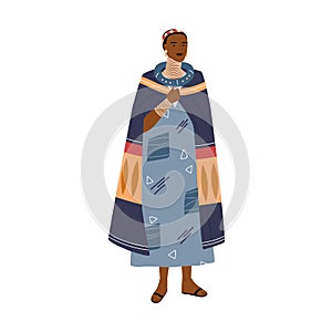 Female character with brass coils or rings around long neck. Woman wearing traditional clothes and accessories of kayan