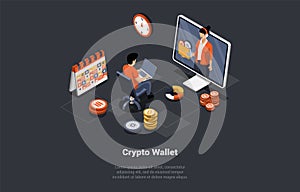 Female Character Buy Cryptocurrency And Hold It On Custodial And Non-Custodial Crypto Wallet. Girl Using Mobile Hardware