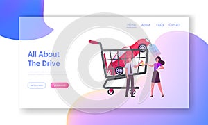 Female Character Buying Automobile on Car Market Landing Page Template. Salesman in Showroom Give Key of Auto