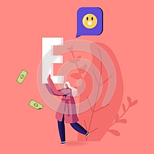 Female Character Carry Huge Letter E with Smile Icon and Money Bills around. Woman Spread Hype in Social Networks