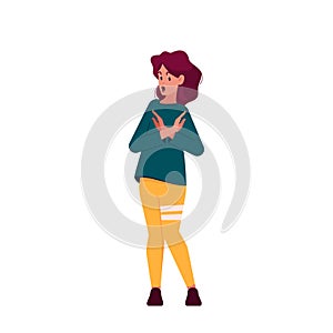 Female Character In Casual Clothes Showing Refusal Or Stop Gesture With Crossed Hand Palms Front Of Chest
