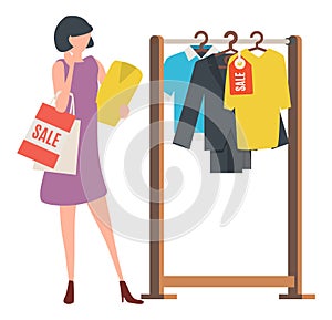 Choosing Clothes, Woman Shopping, Store Vector