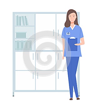 Female character with clipboard. Doctor, physician, therapist portrait. Nurse working in a hospital