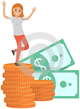 Female character in dance next to finance, stack of gold coins. Positive woman rejoices at wealth