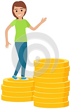 Female character in dance next to finance, stack of gold coins. Positive woman rejoices at wealth