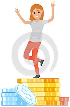 Female character in dance next to finance, stack of gold coins. Positive woman rejoices at wealth