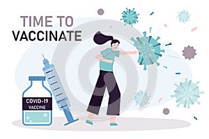 Female character defeats virus with vaccine. Vaccinated girl fighting coronavirus. Bottle with vaccine dose from covid-19